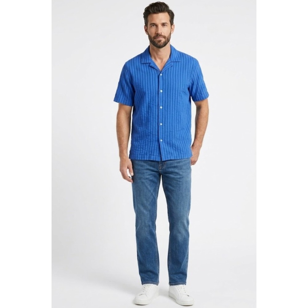 New Kenneth Cole Mens Button Up Shirt Large Blue Textured Short Sleeve Vacation